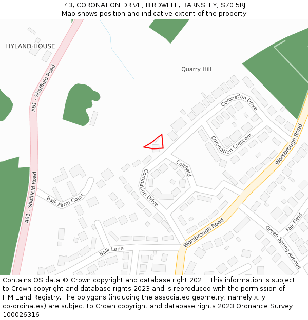 43, CORONATION DRIVE, BIRDWELL, BARNSLEY, S70 5RJ: Location map and indicative extent of plot