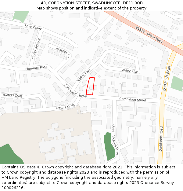 43, CORONATION STREET, SWADLINCOTE, DE11 0QB: Location map and indicative extent of plot