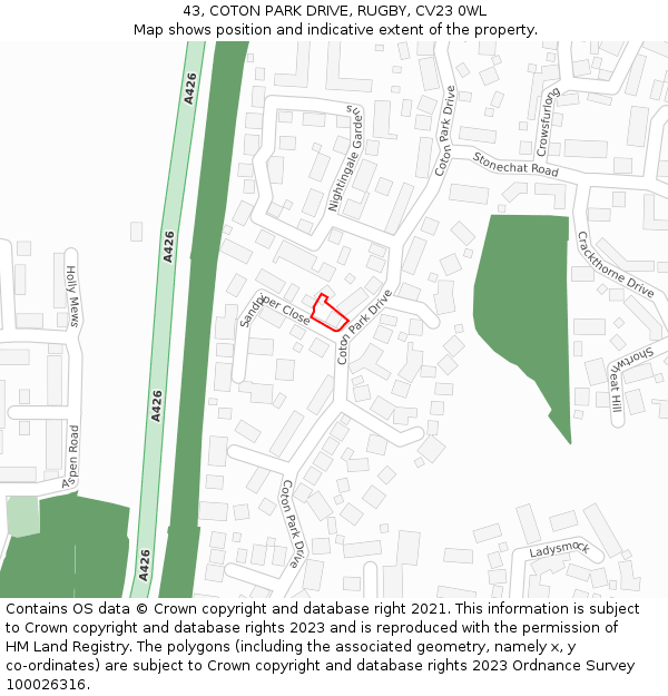 43, COTON PARK DRIVE, RUGBY, CV23 0WL: Location map and indicative extent of plot