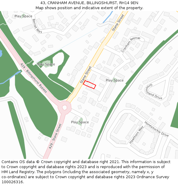 43, CRANHAM AVENUE, BILLINGSHURST, RH14 9EN: Location map and indicative extent of plot