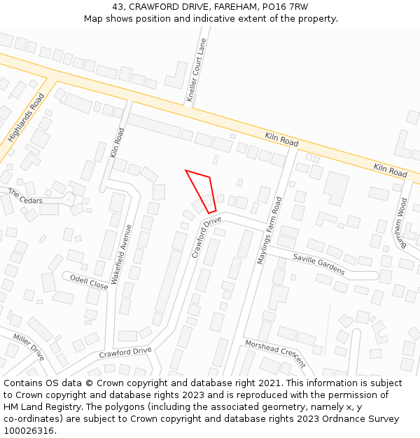 43, CRAWFORD DRIVE, FAREHAM, PO16 7RW: Location map and indicative extent of plot