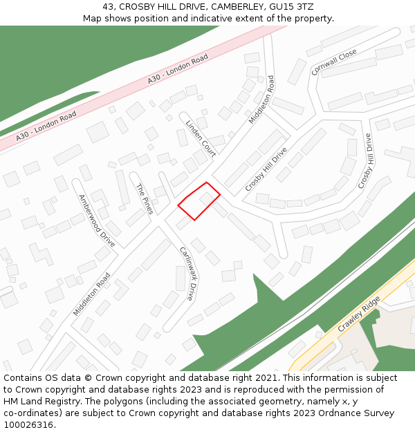 43, CROSBY HILL DRIVE, CAMBERLEY, GU15 3TZ: Location map and indicative extent of plot