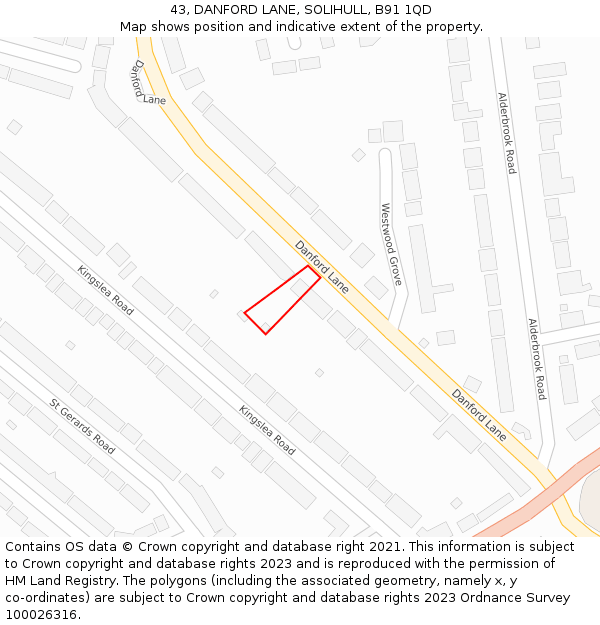 43, DANFORD LANE, SOLIHULL, B91 1QD: Location map and indicative extent of plot