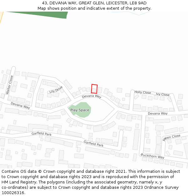 43, DEVANA WAY, GREAT GLEN, LEICESTER, LE8 9AD: Location map and indicative extent of plot