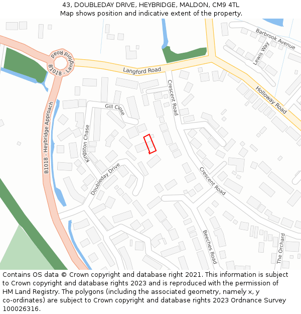 43, DOUBLEDAY DRIVE, HEYBRIDGE, MALDON, CM9 4TL: Location map and indicative extent of plot