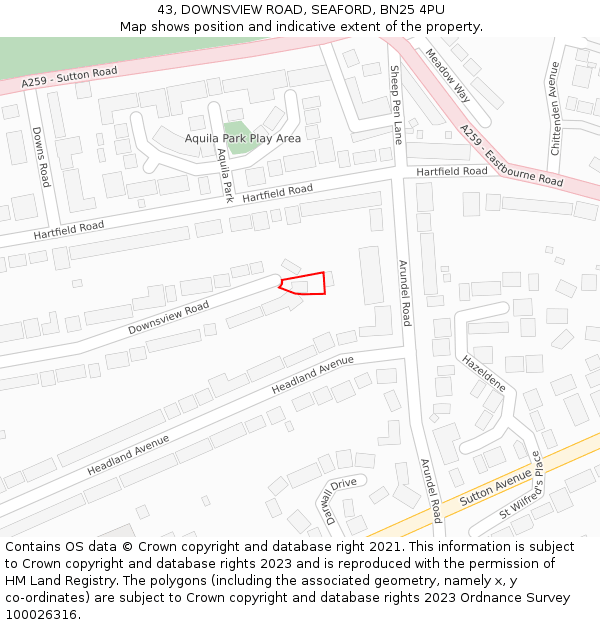 43, DOWNSVIEW ROAD, SEAFORD, BN25 4PU: Location map and indicative extent of plot
