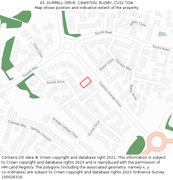43, DURRELL DRIVE, CAWSTON, RUGBY, CV22 7GW: Location map and indicative extent of plot