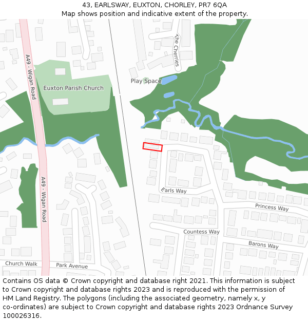 43, EARLSWAY, EUXTON, CHORLEY, PR7 6QA: Location map and indicative extent of plot