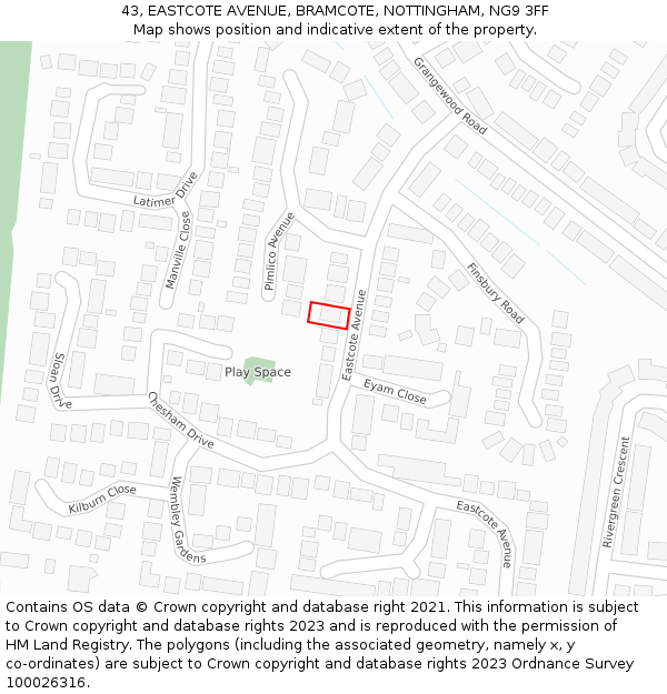 43, EASTCOTE AVENUE, BRAMCOTE, NOTTINGHAM, NG9 3FF: Location map and indicative extent of plot
