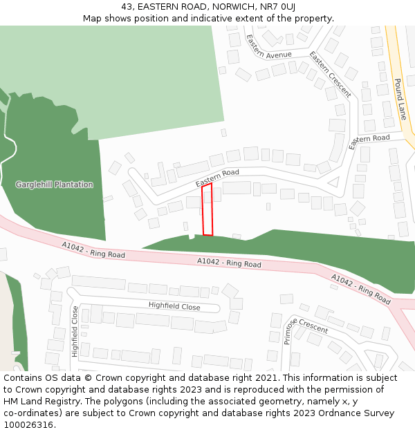 43, EASTERN ROAD, NORWICH, NR7 0UJ: Location map and indicative extent of plot