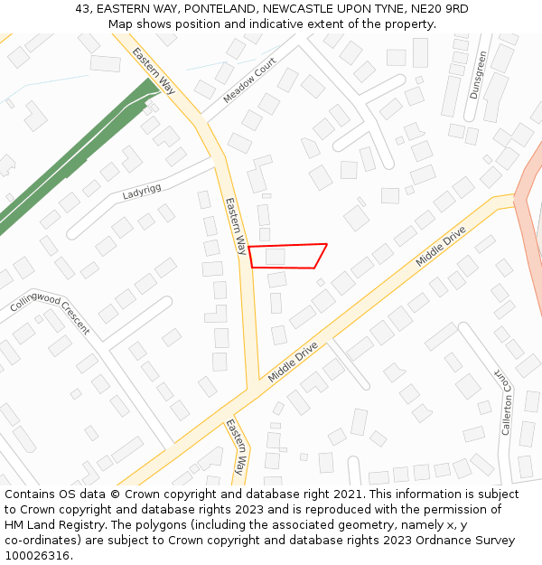 43, EASTERN WAY, PONTELAND, NEWCASTLE UPON TYNE, NE20 9RD: Location map and indicative extent of plot