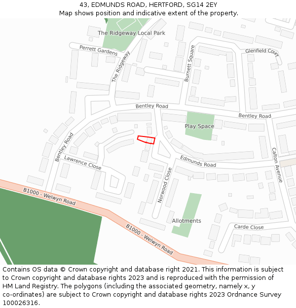 43, EDMUNDS ROAD, HERTFORD, SG14 2EY: Location map and indicative extent of plot