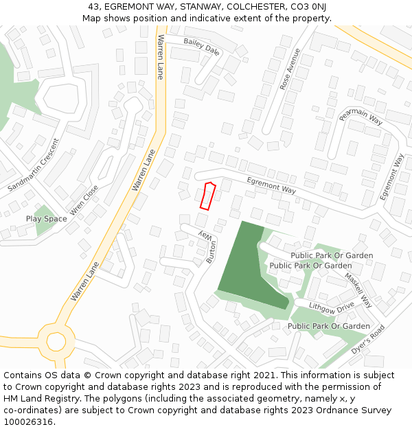 43, EGREMONT WAY, STANWAY, COLCHESTER, CO3 0NJ: Location map and indicative extent of plot