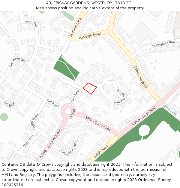 43, ERISKAY GARDENS, WESTBURY, BA13 3GH: Location map and indicative extent of plot