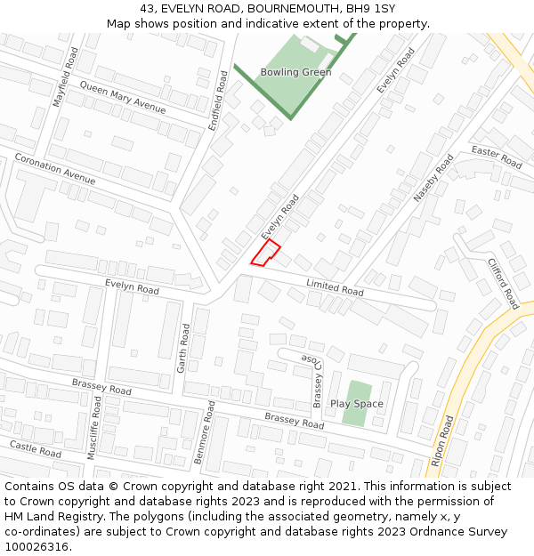 43, EVELYN ROAD, BOURNEMOUTH, BH9 1SY: Location map and indicative extent of plot