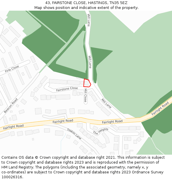43, FAIRSTONE CLOSE, HASTINGS, TN35 5EZ: Location map and indicative extent of plot