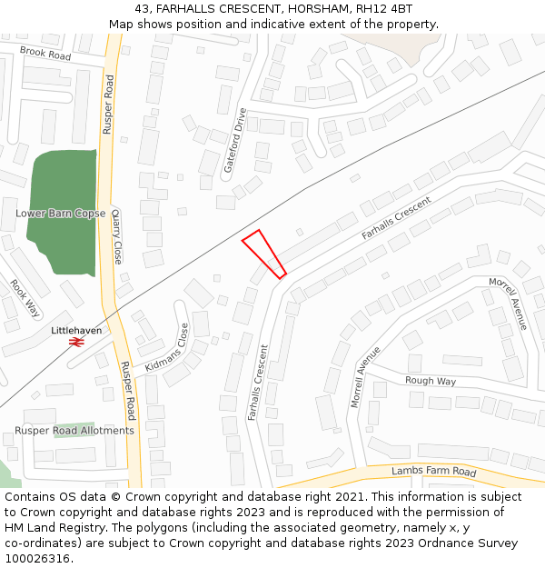 43, FARHALLS CRESCENT, HORSHAM, RH12 4BT: Location map and indicative extent of plot