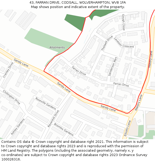 43, FARRAN DRIVE, CODSALL, WOLVERHAMPTON, WV8 1FA: Location map and indicative extent of plot