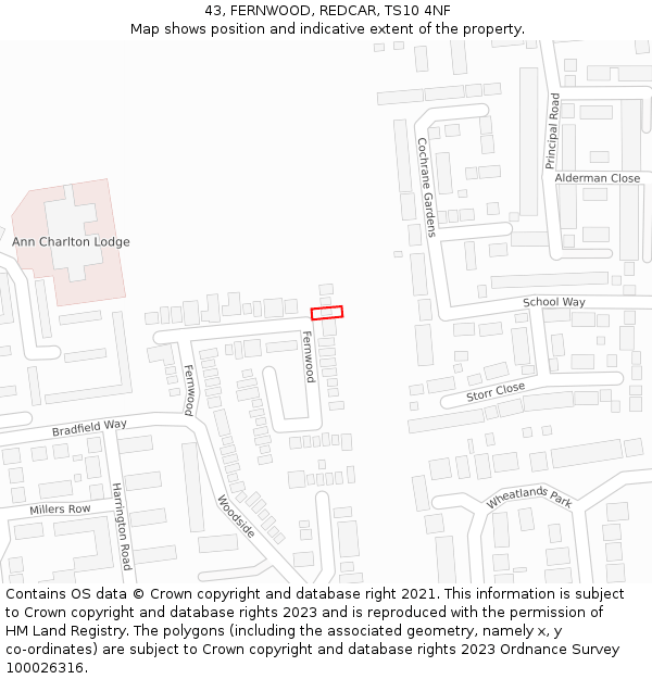 43, FERNWOOD, REDCAR, TS10 4NF: Location map and indicative extent of plot