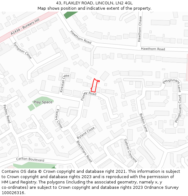 43, FLAXLEY ROAD, LINCOLN, LN2 4GL: Location map and indicative extent of plot