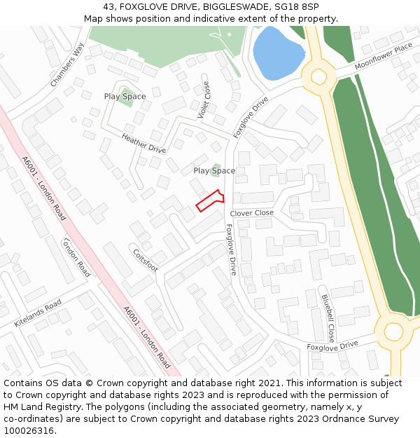 43, FOXGLOVE DRIVE, BIGGLESWADE, SG18 8SP: Location map and indicative extent of plot