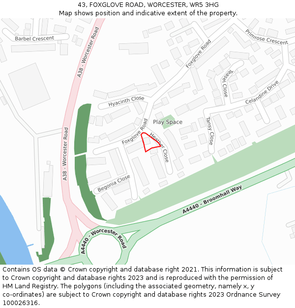 43, FOXGLOVE ROAD, WORCESTER, WR5 3HG: Location map and indicative extent of plot