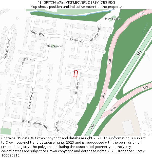 43, GIRTON WAY, MICKLEOVER, DERBY, DE3 9DG: Location map and indicative extent of plot