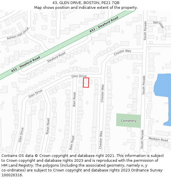 43, GLEN DRIVE, BOSTON, PE21 7QB: Location map and indicative extent of plot