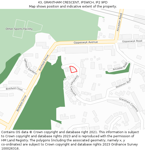 43, GRANTHAM CRESCENT, IPSWICH, IP2 9PD: Location map and indicative extent of plot