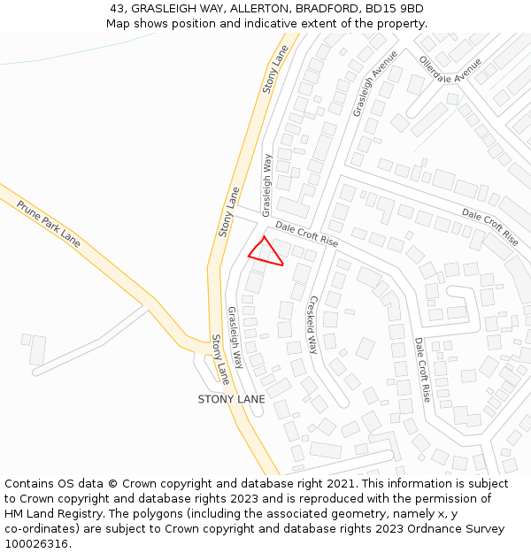 43, GRASLEIGH WAY, ALLERTON, BRADFORD, BD15 9BD: Location map and indicative extent of plot