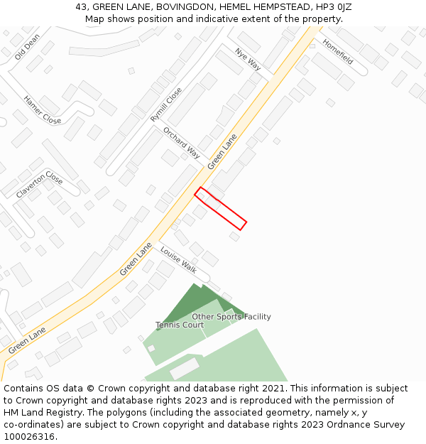 43, GREEN LANE, BOVINGDON, HEMEL HEMPSTEAD, HP3 0JZ: Location map and indicative extent of plot