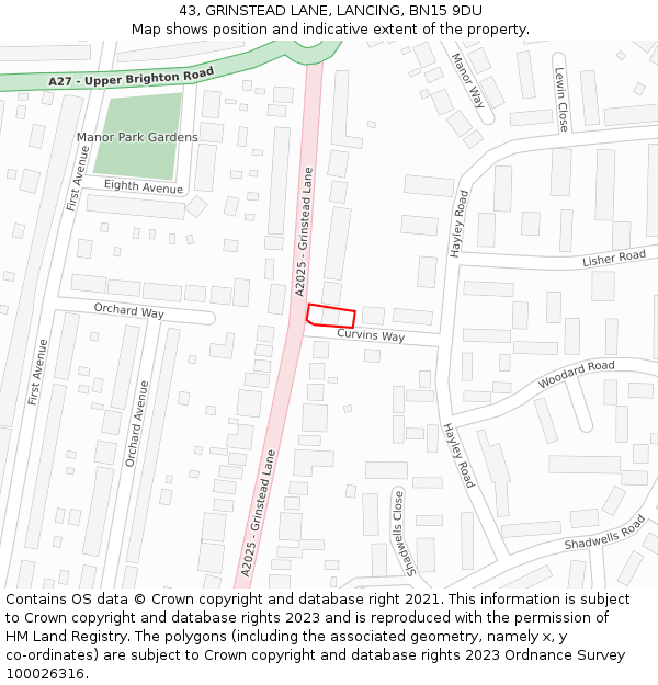 43, GRINSTEAD LANE, LANCING, BN15 9DU: Location map and indicative extent of plot