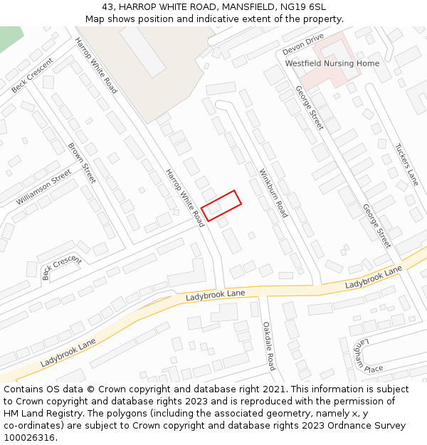 43, HARROP WHITE ROAD, MANSFIELD, NG19 6SL: Location map and indicative extent of plot
