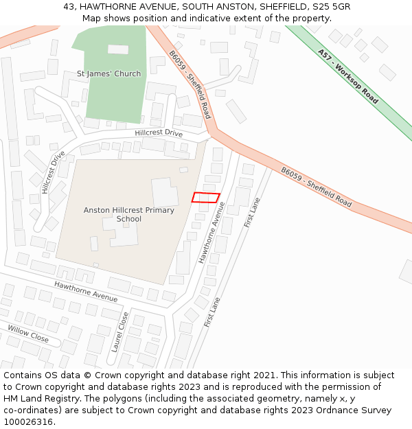 43, HAWTHORNE AVENUE, SOUTH ANSTON, SHEFFIELD, S25 5GR: Location map and indicative extent of plot