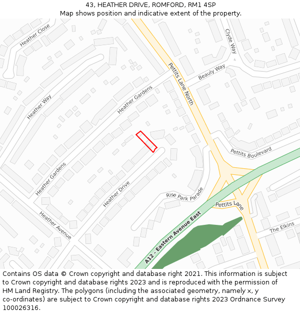 43, HEATHER DRIVE, ROMFORD, RM1 4SP: Location map and indicative extent of plot