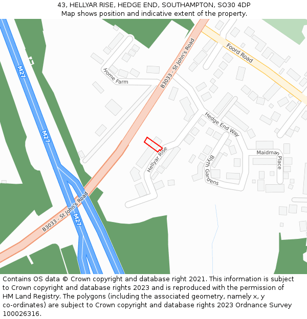 43, HELLYAR RISE, HEDGE END, SOUTHAMPTON, SO30 4DP: Location map and indicative extent of plot