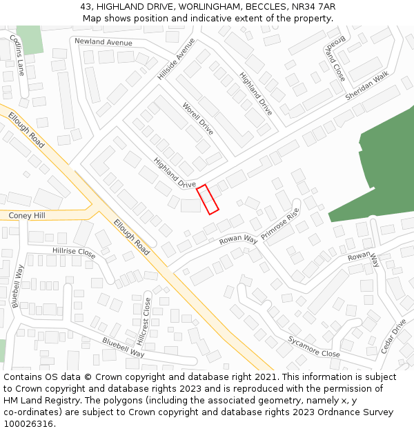 43, HIGHLAND DRIVE, WORLINGHAM, BECCLES, NR34 7AR: Location map and indicative extent of plot