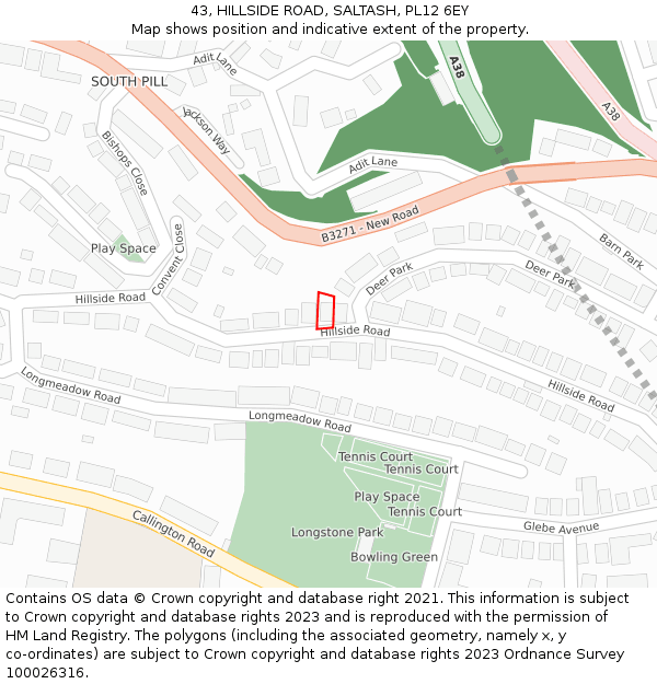 43, HILLSIDE ROAD, SALTASH, PL12 6EY: Location map and indicative extent of plot