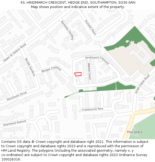 43, HINDMARCH CRESCENT, HEDGE END, SOUTHAMPTON, SO30 0AN: Location map and indicative extent of plot