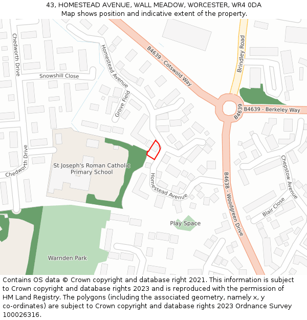 43, HOMESTEAD AVENUE, WALL MEADOW, WORCESTER, WR4 0DA: Location map and indicative extent of plot