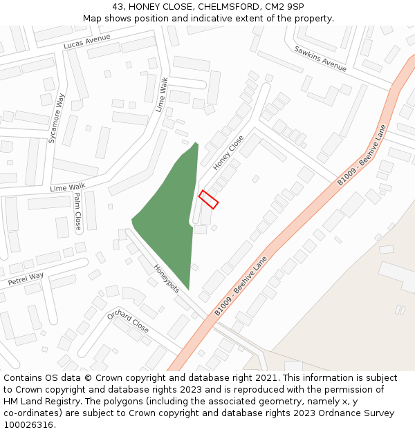 43, HONEY CLOSE, CHELMSFORD, CM2 9SP: Location map and indicative extent of plot