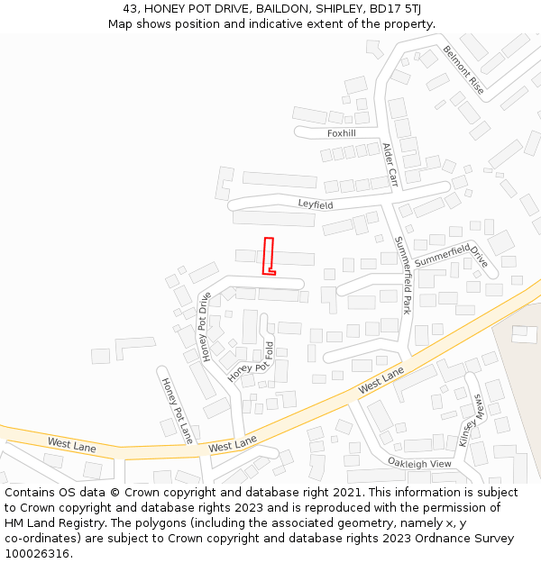 43, HONEY POT DRIVE, BAILDON, SHIPLEY, BD17 5TJ: Location map and indicative extent of plot