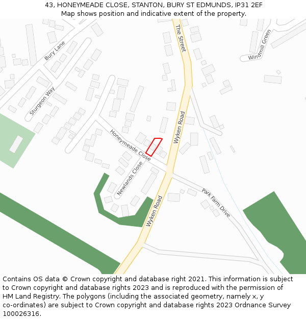 43, HONEYMEADE CLOSE, STANTON, BURY ST EDMUNDS, IP31 2EF: Location map and indicative extent of plot