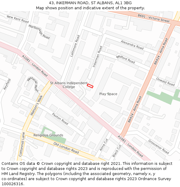 43, INKERMAN ROAD, ST ALBANS, AL1 3BG: Location map and indicative extent of plot