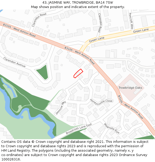 43, JASMINE WAY, TROWBRIDGE, BA14 7SW: Location map and indicative extent of plot
