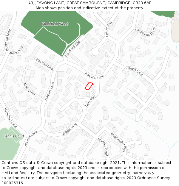 43, JEAVONS LANE, GREAT CAMBOURNE, CAMBRIDGE, CB23 6AF: Location map and indicative extent of plot