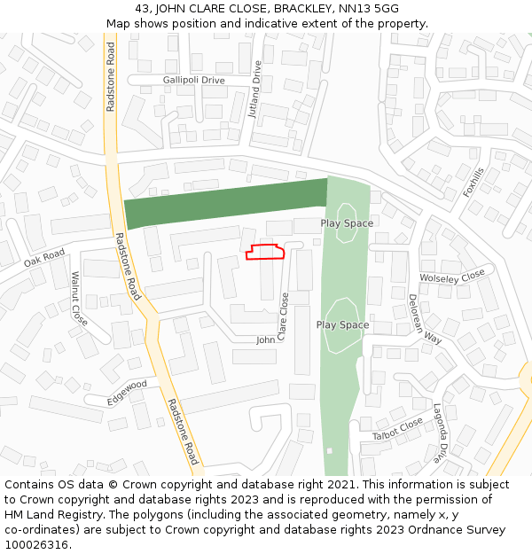 43, JOHN CLARE CLOSE, BRACKLEY, NN13 5GG: Location map and indicative extent of plot