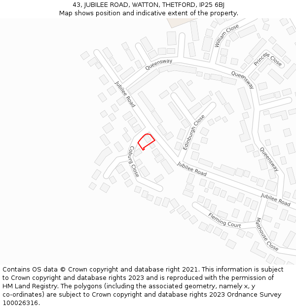 43, JUBILEE ROAD, WATTON, THETFORD, IP25 6BJ: Location map and indicative extent of plot
