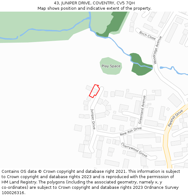 43, JUNIPER DRIVE, COVENTRY, CV5 7QH: Location map and indicative extent of plot