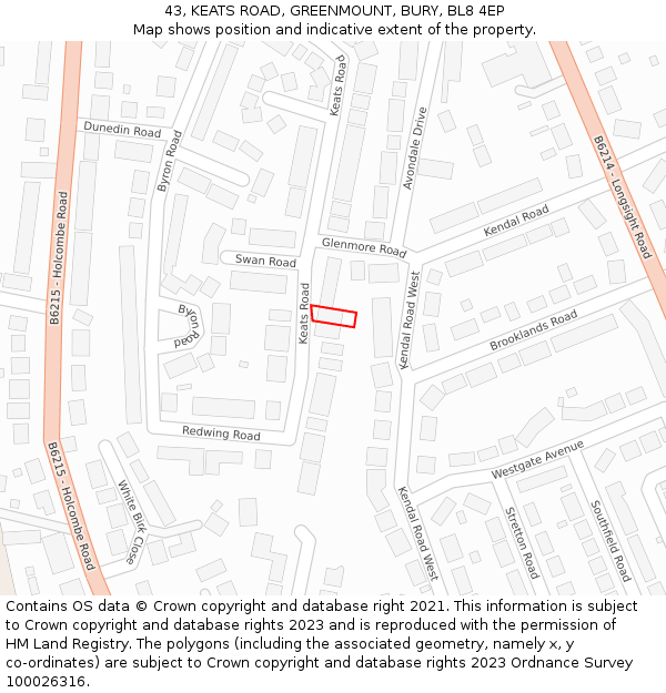 43, KEATS ROAD, GREENMOUNT, BURY, BL8 4EP: Location map and indicative extent of plot